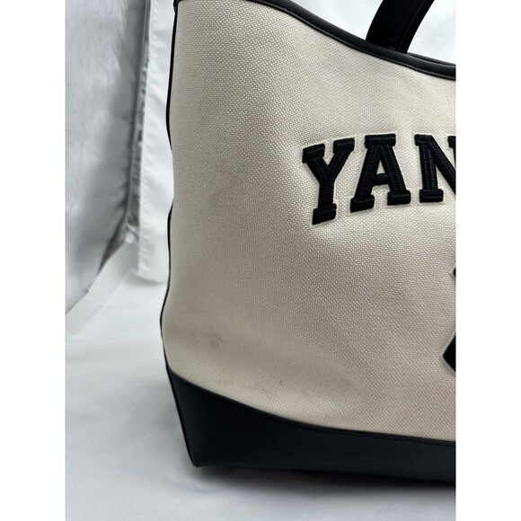 MLB Korea New York Yankees Canvas Tote Bag Big Logo Beige Black FLAWS READ - Picture 2 of 16